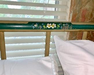 Vintage full size cast iron bed w/hand painted floral design on both the head board and foot board
