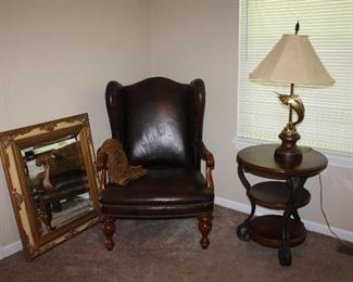 Leather Side Chair, Thomasville Table and Lamp