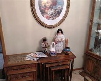 Dining Room: 2 Wood stacking Tables, Indian Lady Doll, Small Child, Indian Pots, Oval Pictures