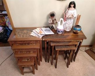 Dining Room: 2 Wood stacking Tables, Indian Lady Doll, Small Child, Indian Pots