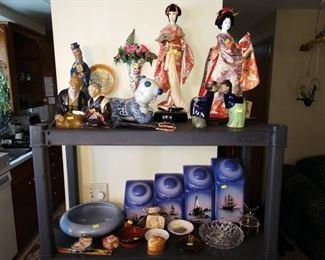 Dining Room: Japanese Dolls, Ceramic figures, Counter Coffee, Sugar, etc Containers, Wood Containers