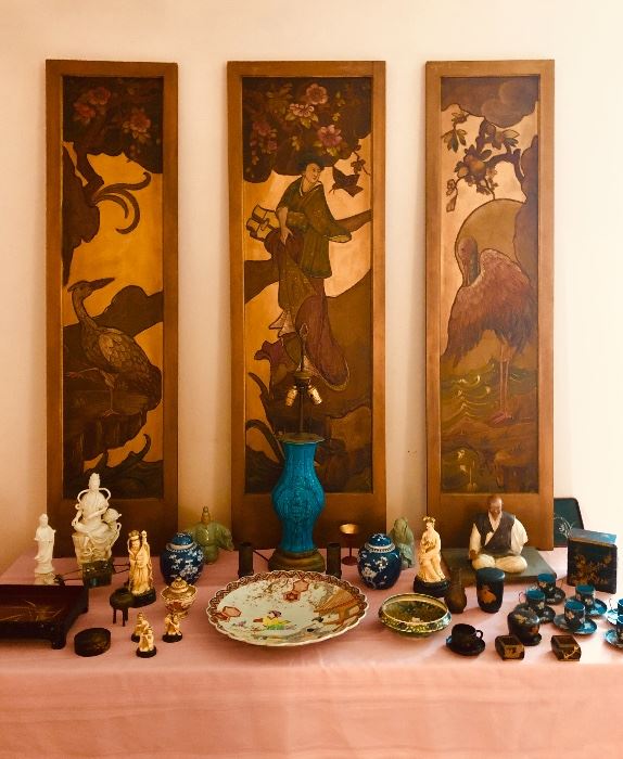 Japanese lacquer panels and Japanese antiques some Chinese antiques too. 