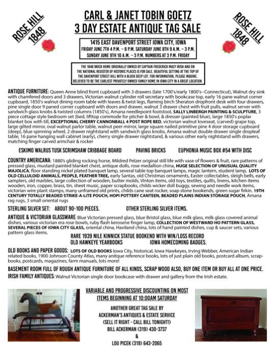 Full print ad for the Carl & Janet Tobin Goetz Estate Antique Tag Sale!  Wonderful items including furniture, country Americana, sterling silver and jewelry items, and books!