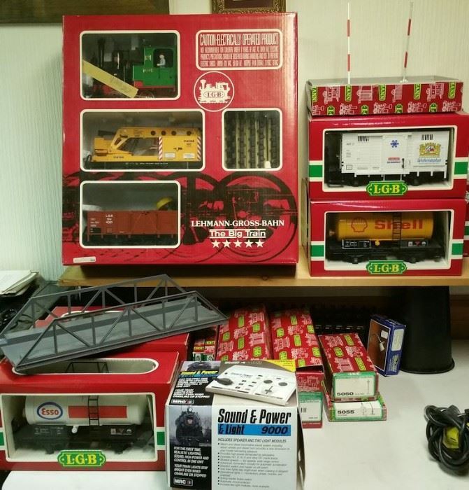 LGB G-Scale trains -- a starter set plus several additional cars plus track, a sound & power transformer, and more.