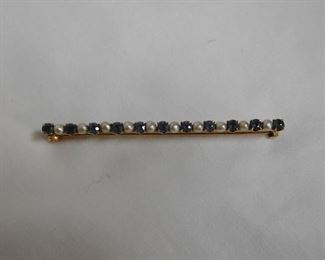 14 k Sapphire and Pearl Bar Pin