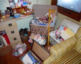 Sewing Notions, Crafts, Laundry Hamper filled with Doll Clothes