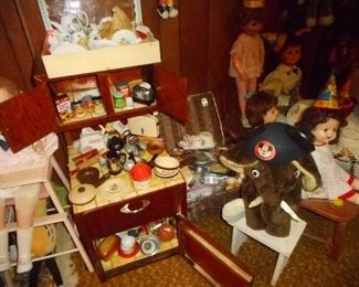 Vintage Pretend Play ( Basement) Doll Cupboard, Picnic Basket FILLED plates Cups, Food, Small Appliances for DOLLY!!