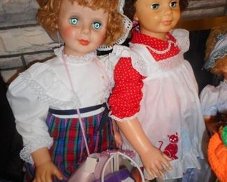 On the Left 38 Inch Tall Patty Play Pal Companion ? Red Dress White Pinafore, Ideal Patty Play Pal Curly Top Doll. 