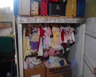 DOLL & BABY CLOTHES!! BOXES FILLED. Suitcases, Doll Trunks, Hats Shoes