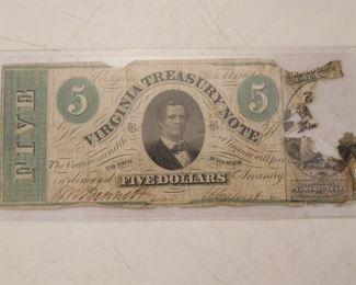 Virginia Treasury Note Five Dollars.