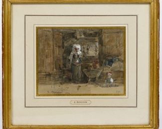 Eugene Boudin French 1824 1889 Woman in Kitchen Watercolor