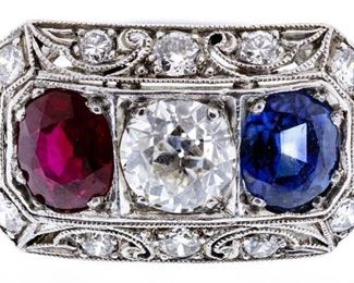 Platinum Sapphire Ruby and Diamond Ring