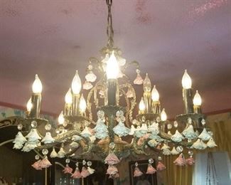 77-Vintage Capodimonte Italian Porcelain chandelier. Two different rows of colored roses. Unique for sure.