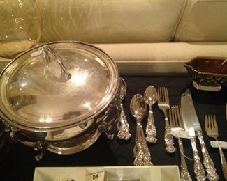 Silver plate serving pieces and flatware