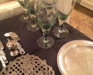 Stemware, trivet, and silver plate tray