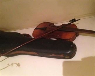 Antique violin, case, and bow