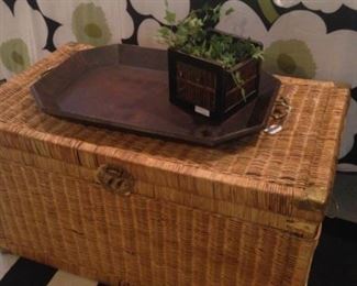 Wicker trunk for storage; wooden tray and planter