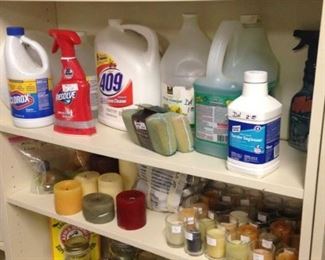 Cleaning supplies, candles, and jars