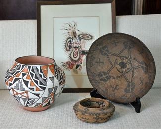 Acoma pot, Apache basket and Tulare basket