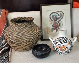 Large Pima basket, 17" in diameter and 13" tall, Woody Crumbo art (9 pieces), Acoma and Santa Clara pieces (Acoma piece sold at preview.)