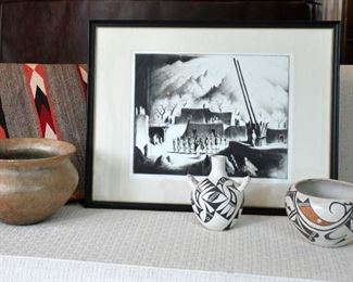 Old Taos micaceous bowl, 2 Acoma pieces, Gene Kloss "Song of Creation"