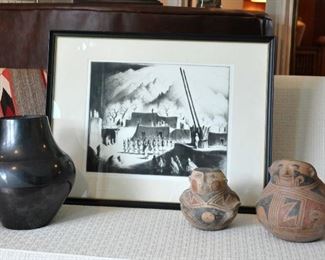 Large 1920s Maria pot with defects, pair of Casa Grandes figural pieces - Casa Grandes pair sold at preview.
