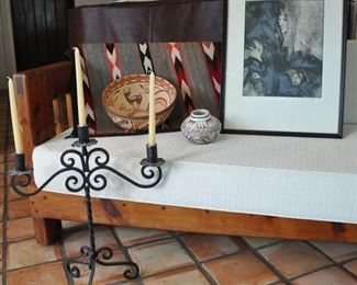 One of 2 Taos daybed, hand wrought candelabra, Zuni bowl, Gene Kloss The Archer (Zuni bowl sold at preview)