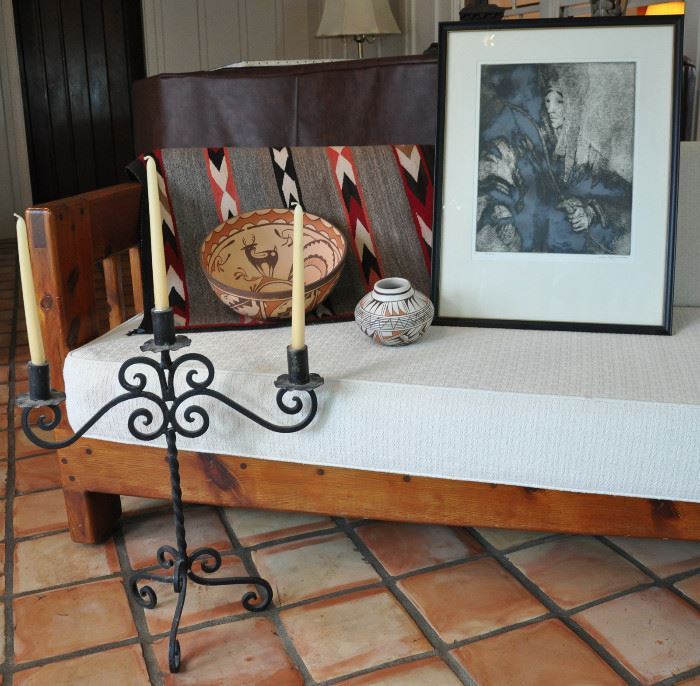 One of 2 Taos daybed, hand wrought candelabra, Zuni bowl, Gene Kloss The Archer (Zuni bowl sold at preview)