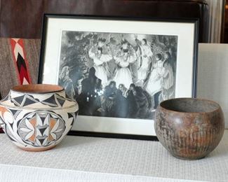 Gene Kloss' Deer Dance with another Acoma pot and an unidentified old pot