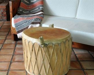 Large, vintage drum made of a single tree log. It is 19" tall with 22" diameter.