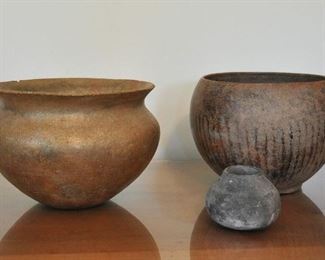Old Taos micaceous bowl with another old bowl and small Pre-Columbian vase