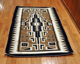 42" by 61" - 2 Grey Hills - early 1920s - nice piece - Four corners lightning and floral pattern in corners, 1920s early, minimum 8 mos to wear, TicNosPas influence in border