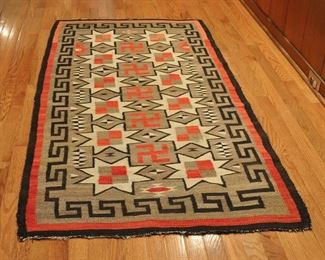 Late 1920s 3' by 5' 7" -Whirling Logs, salmon color is not faded, Greek Key, strawberry yarn, possibly TeecNos (Arizona near Ganado), needs repair
