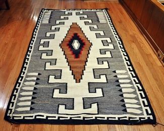 Klagatoh, late 1930s early 40s, 82" by 44", typical, feathers, Greek key, elongated diamond, all natural except for red, hand carded grey