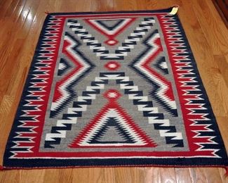 Ganado Storm, 57" by 37", 1930s, interlocking black & white lightning, ribbon pattern at edge, homespun, nice quality and shape