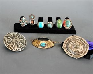 Rings, 2 silver buckles and a hair piece