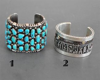 2 fantastic cuff bracelets - one on the right is a Clarence Lee Storyteller bracelet