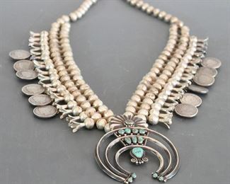 Early squash blossom necklace 264 grams - 12 Liberty Head nickels, 13 Morenci turquoise stones in large Naja - 264 grams