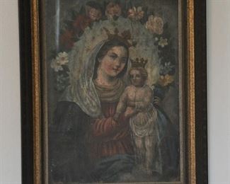 This is a beautiful oil on tin painting of the virgen and Christ child - it has since this picture had the glass removed.