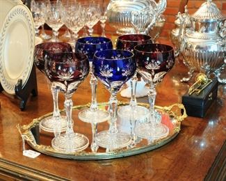 6 of a beautiful set of 12 cut to clear wine stems, original European set from mid century