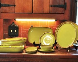 Large, well cared for 1960s modern dinner ware by Brock of California - style is called Desert Mist in chartreuse