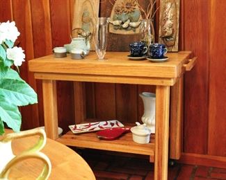 Exceptionally fine butcher block features bird plaques by Franz Kriwanek. The plaque on the right has been removed by our client.