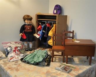 1980s American Girl Molly in her "Greet Molly" outfit plus retired American Girl table and chairs, retired outfits