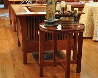 Arts and Crafts round table with antique Bultos and Pima basket