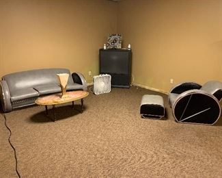 Retro chrome and leather sofa and chair
