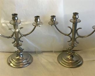 Swedish Pewter Candleholders w/Dolphin Figural Stem.