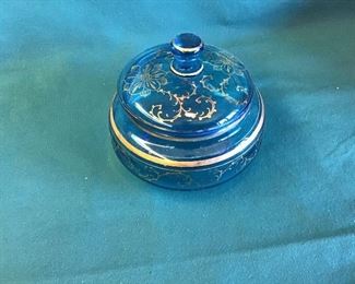 Gilt Blue Glass Covered Candy or Powder Dish.