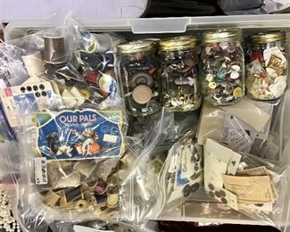 Jars and Bags of Buttons, spools many Wood, needle books and sewing items.
