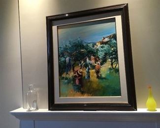 Original Oil on Canvas by Christian Jequel. Title: Cueillette des Olives (Provence).  Size: 38 3/4 in. x 32 1/4 in. (98.425 cm X 81.915 cm).   Certif. JEQ 2043