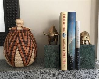 African Basket. Wall Street Bull and Bear Bookends (Brass on Marble base). Hardback books.